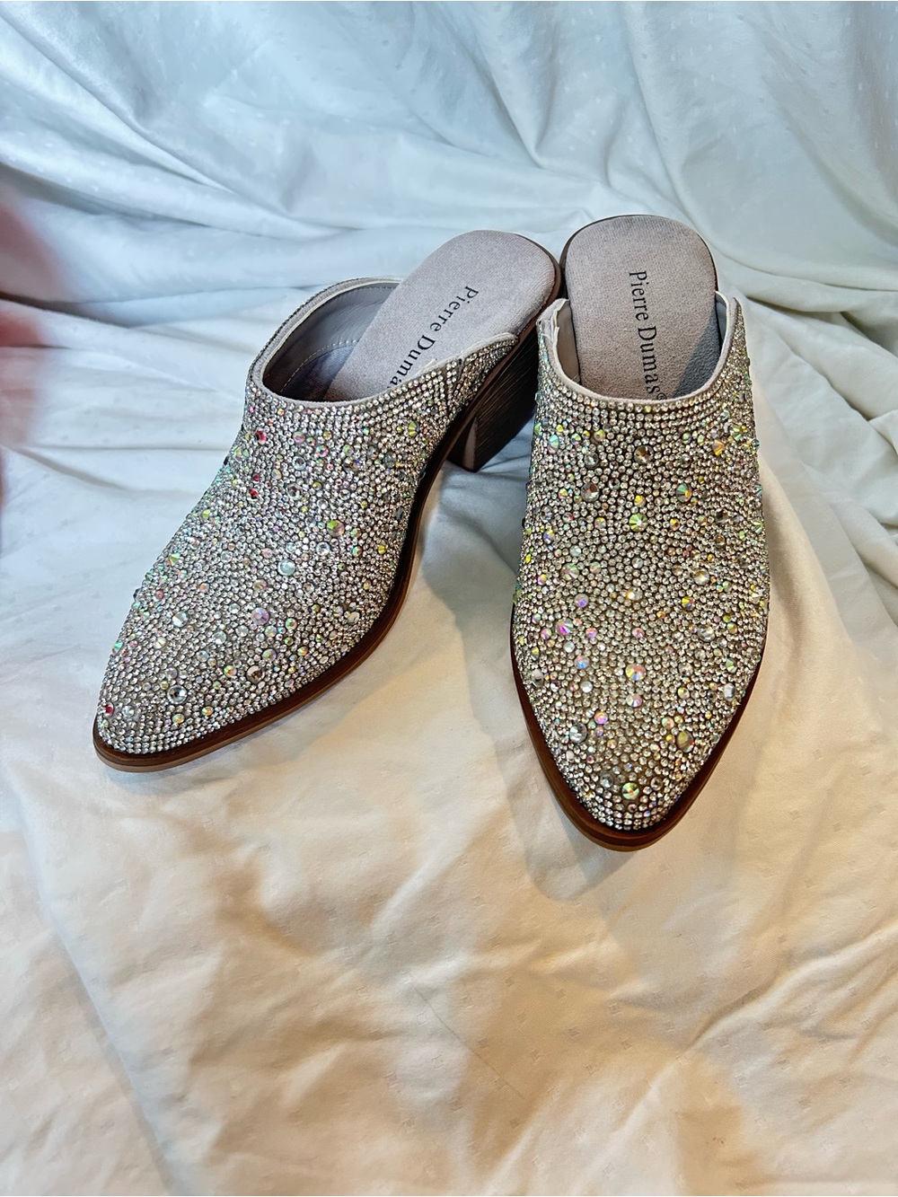 Pierre Dumas Crystal-Embellished Cream Slip-On Mules